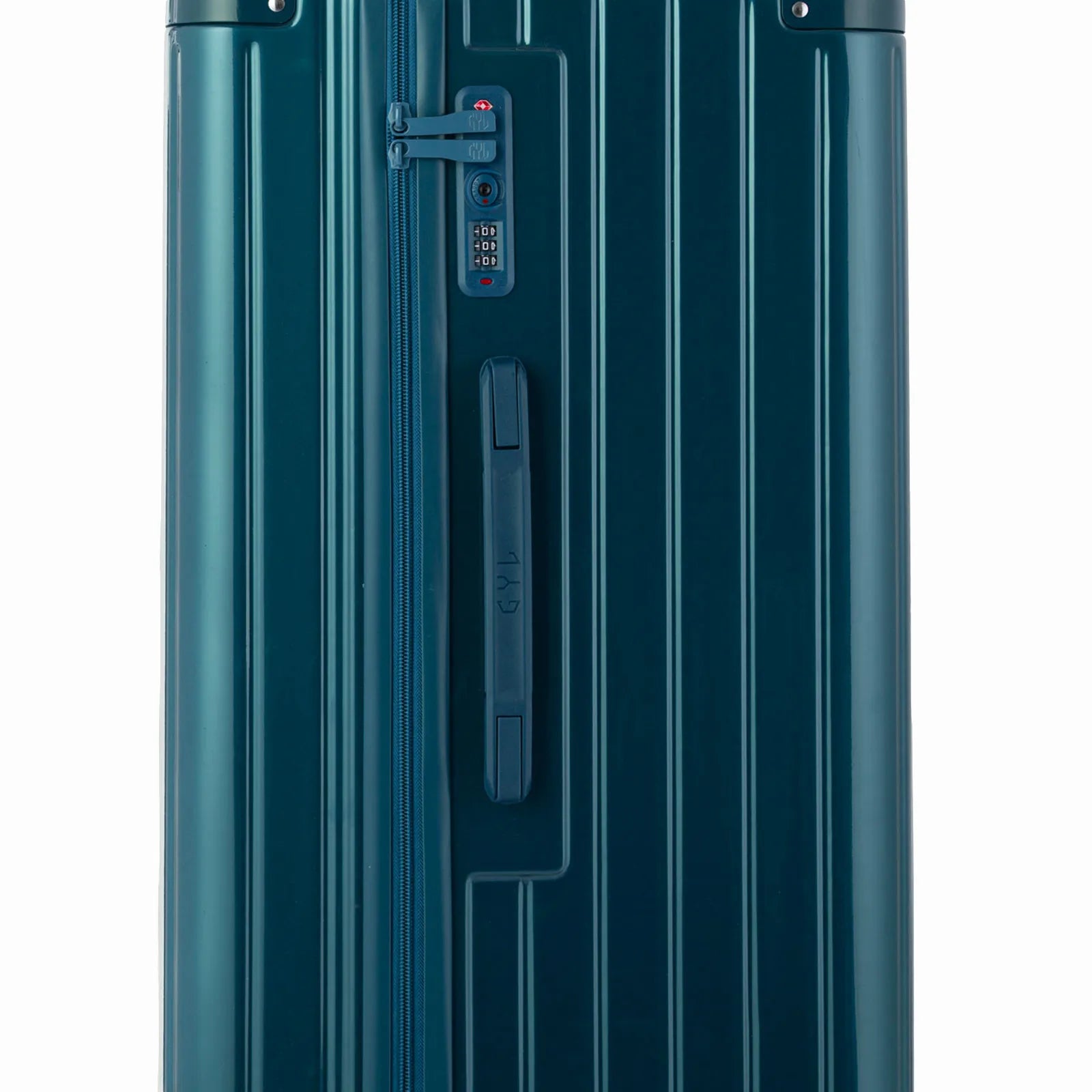 Détail de la serrure TSA et de la poignée latérale sur la valise trunk sapin.