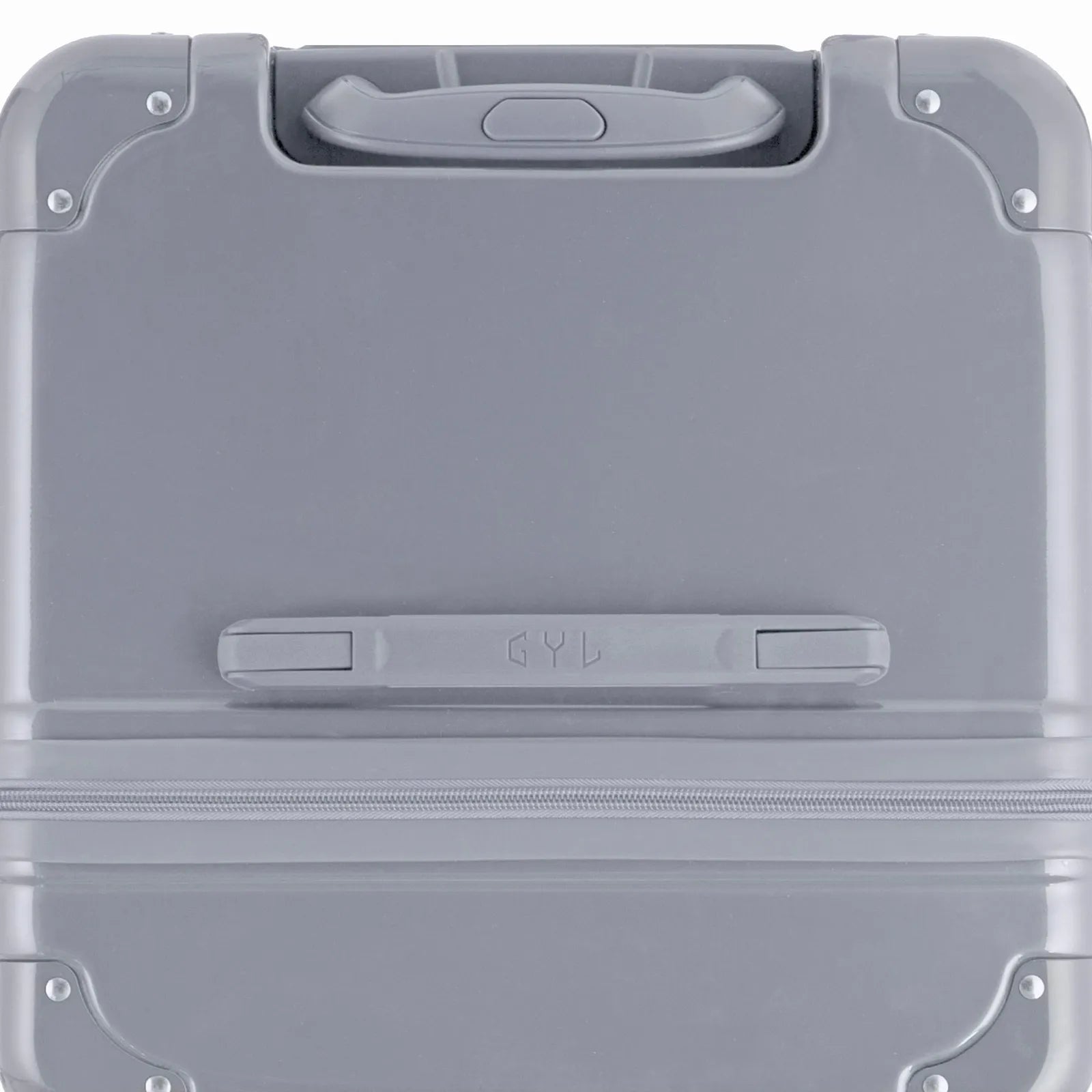 Vue du dessus de la valise trunk GYL argent en polycarbonate, avec poignée centrale et coins renforcés.