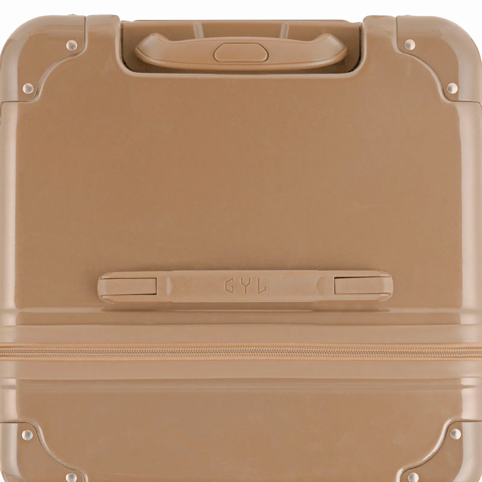 Vue du dessus de la valise trunk GYL champagne en polycarbonate, avec poignée centrale et coins renforcés.