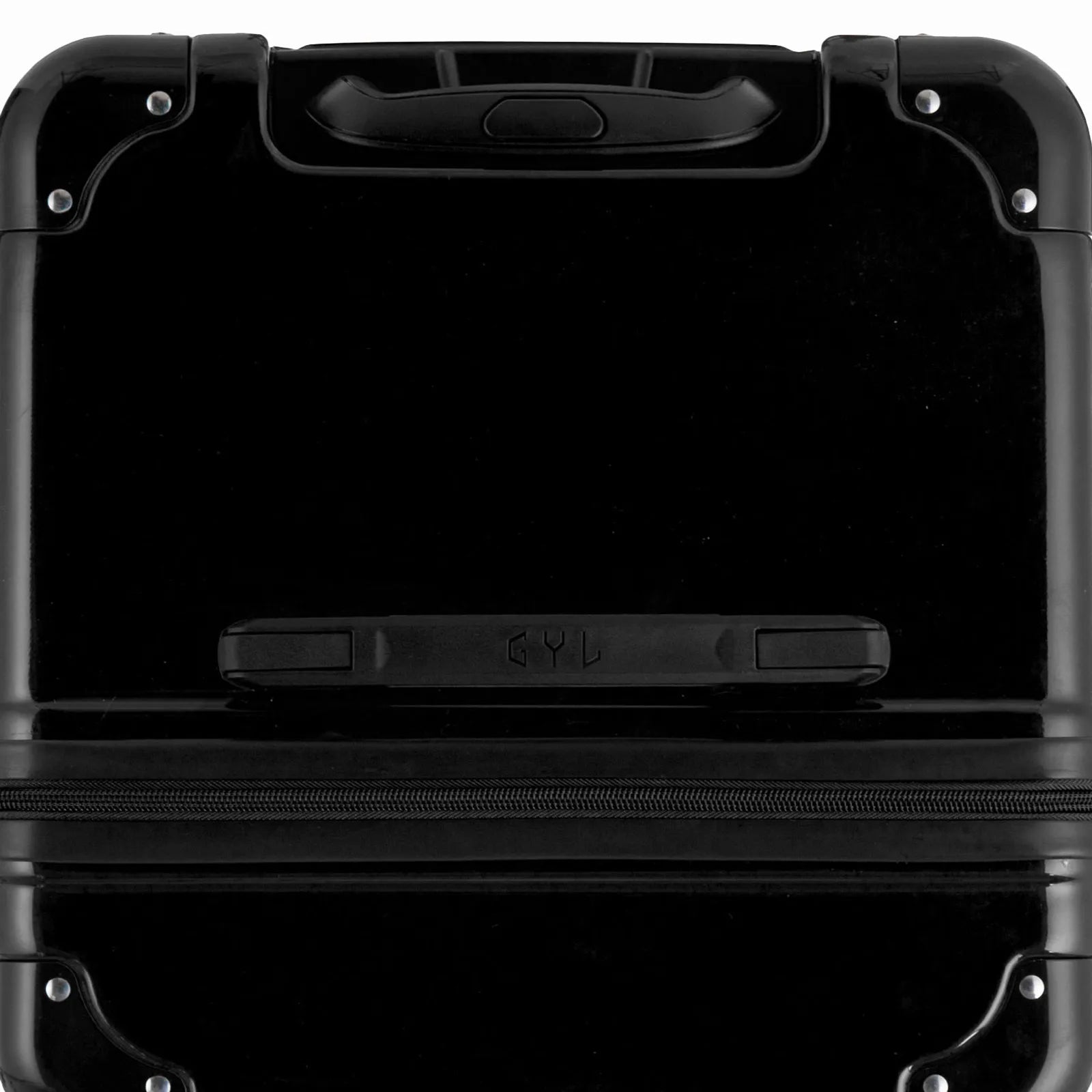Vue du dessus de la valise trunk GYL noire en polycarbonate, avec poignée centrale et coins renforcés.