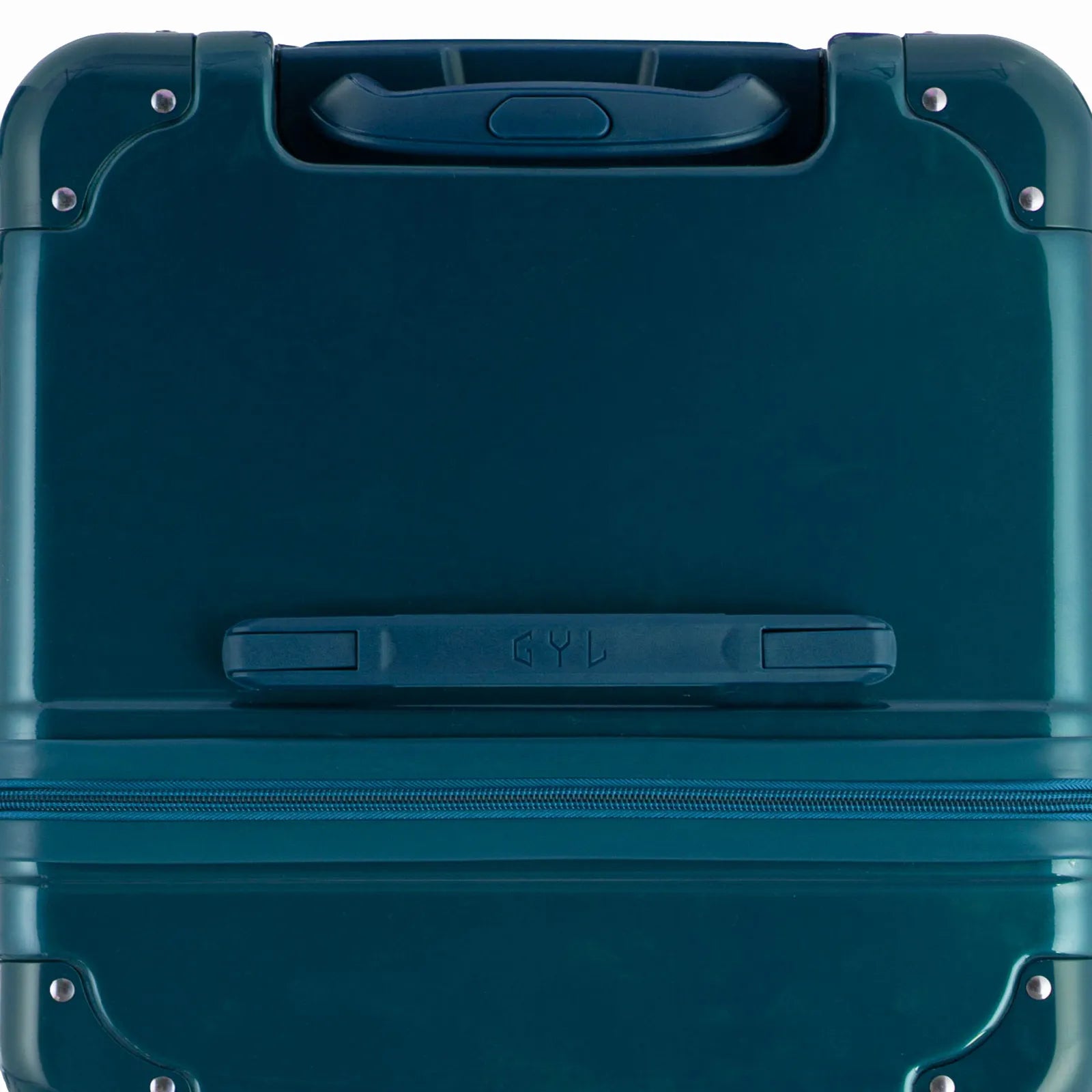 Vue du dessus de la valise trunk GYL sapin en polycarbonate, avec poignée centrale et coins renforcés.