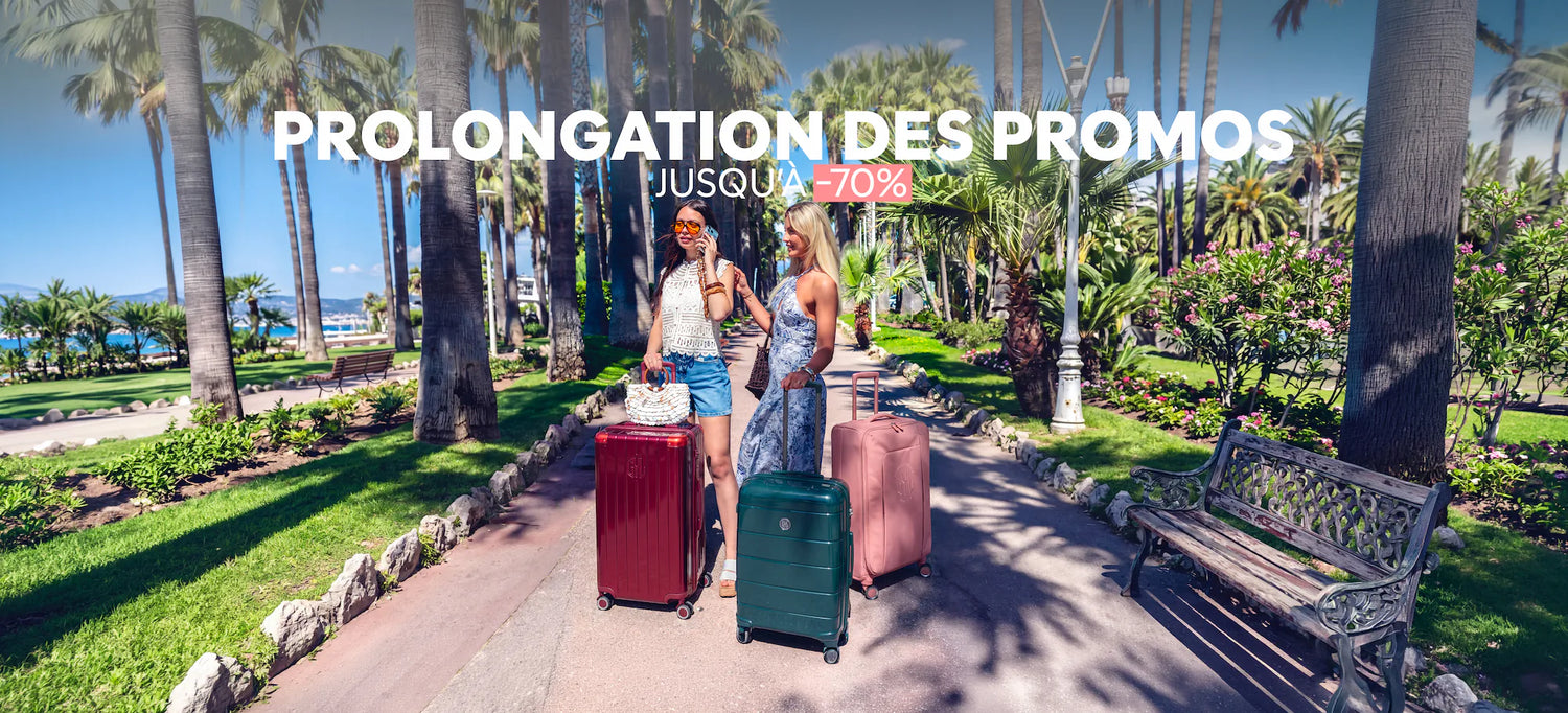 Prolongation des promos jusqu'à -70% sur les valises GYL, deux voyageuses avec valises rouge, verte et rose sur la Croisette