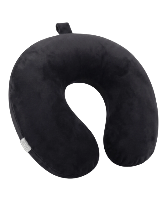 Coussin de nuque de voyage GYL en velours coloris noir, forme ergonomique avec boucle de suspension
