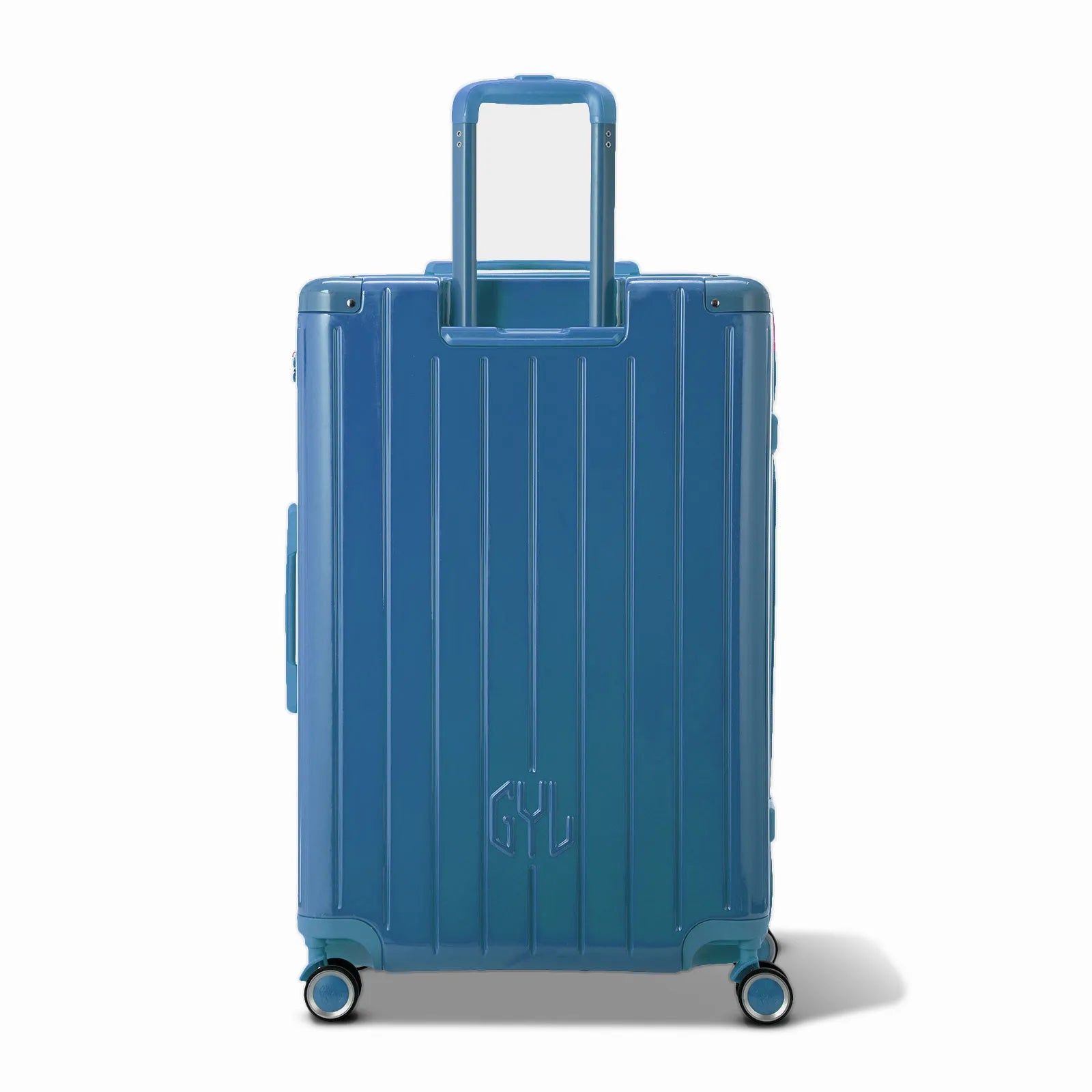 Vue arrière de la valise rigide GYL Intemporelle noir avec poignées intégrées et roulettes pivotantes.