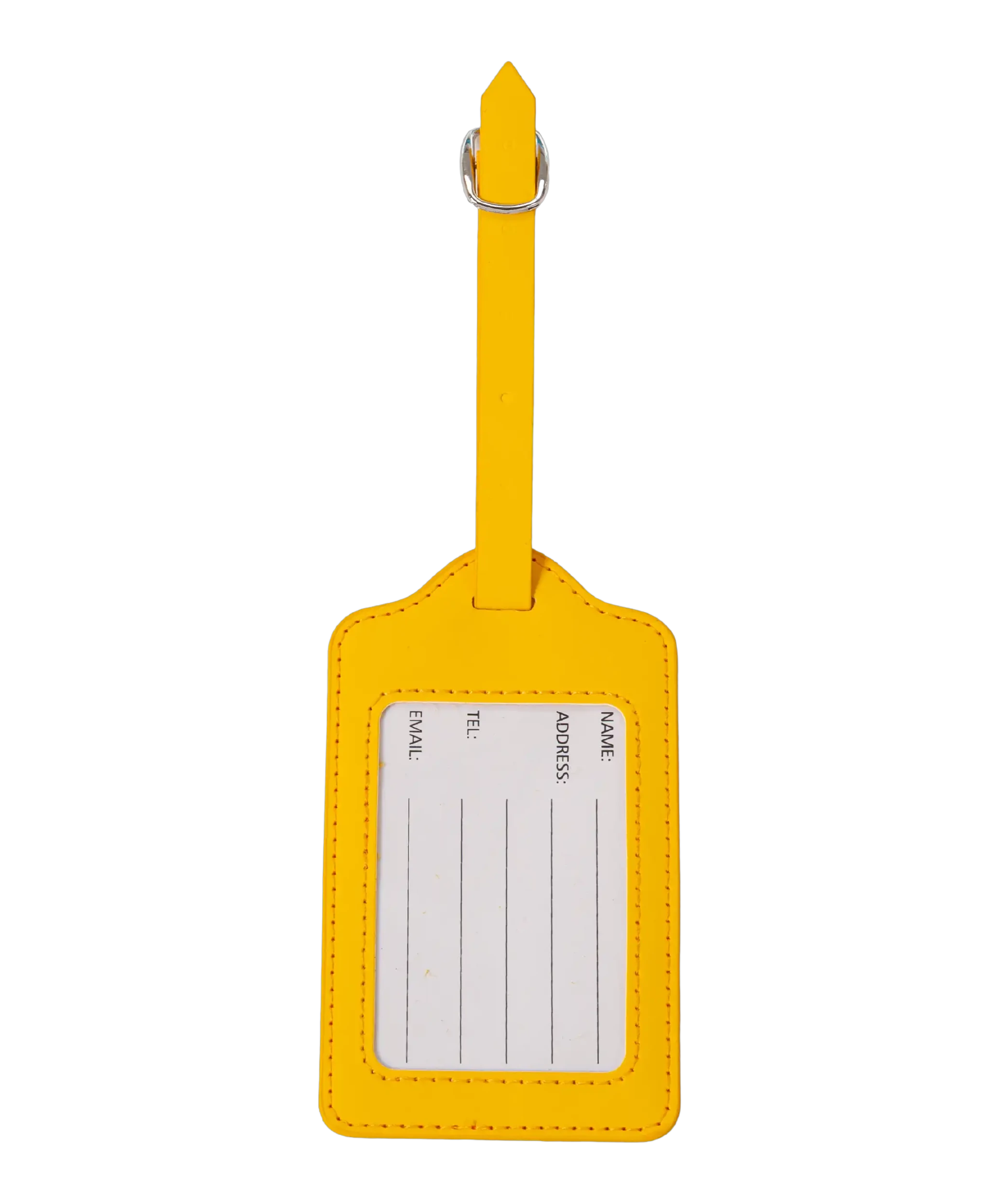 Etiquette a bagages GYL jaune vue dos carte identification fond transparent