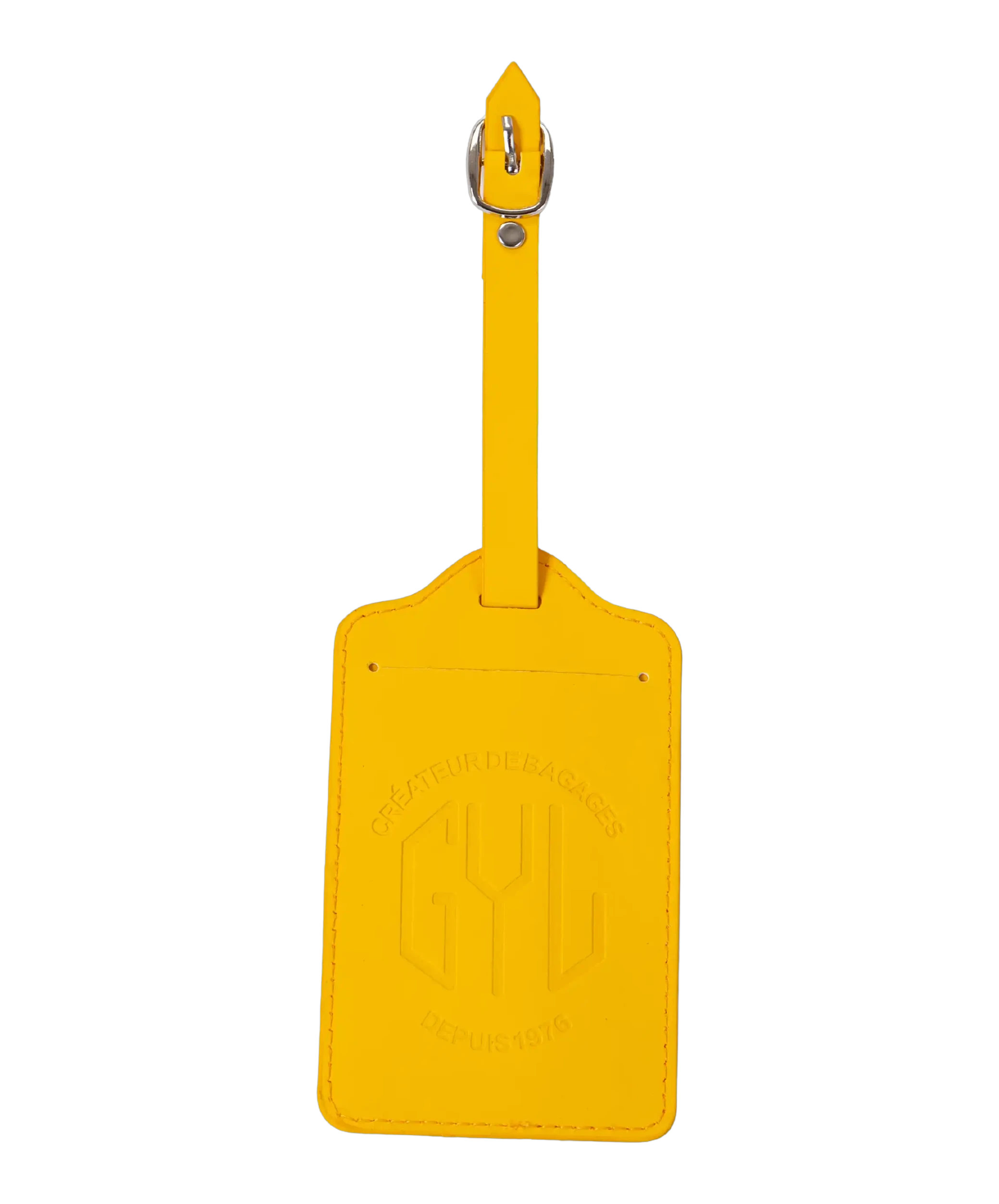 Etiquette a bagages GYL jaune vue face logo fond transparent