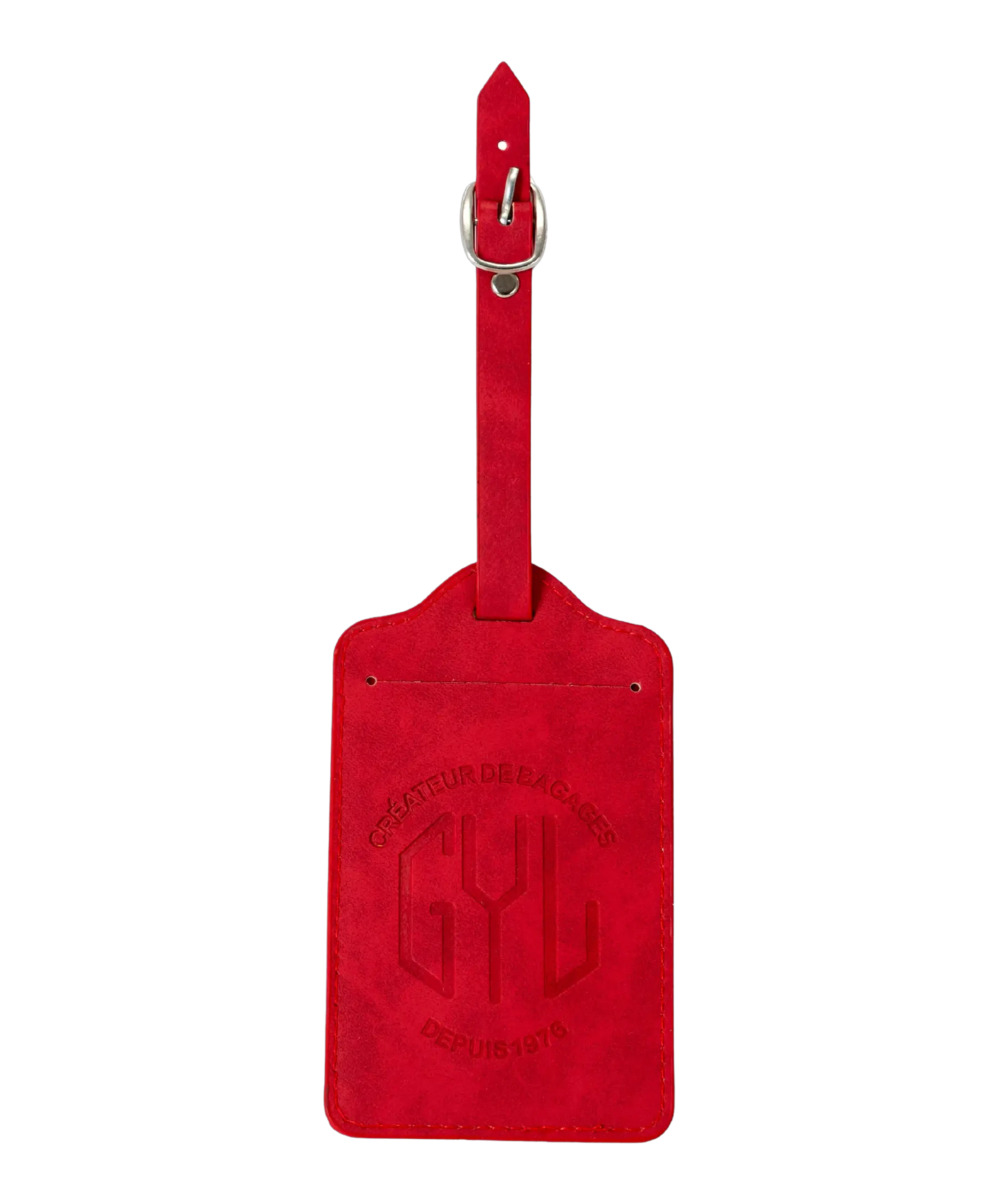 Etiquette a bagages GYL rouge vue face logo fond transparent