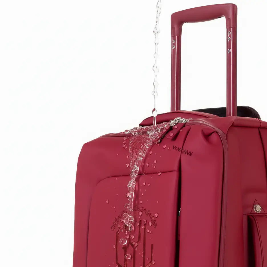 Valise Évasion GYL montrant son revêtement imperméable, avec de l’eau s’écoulant sur la surface sans pénétrer le tissu, illustrant la protection contre la pluie et l’humidité.