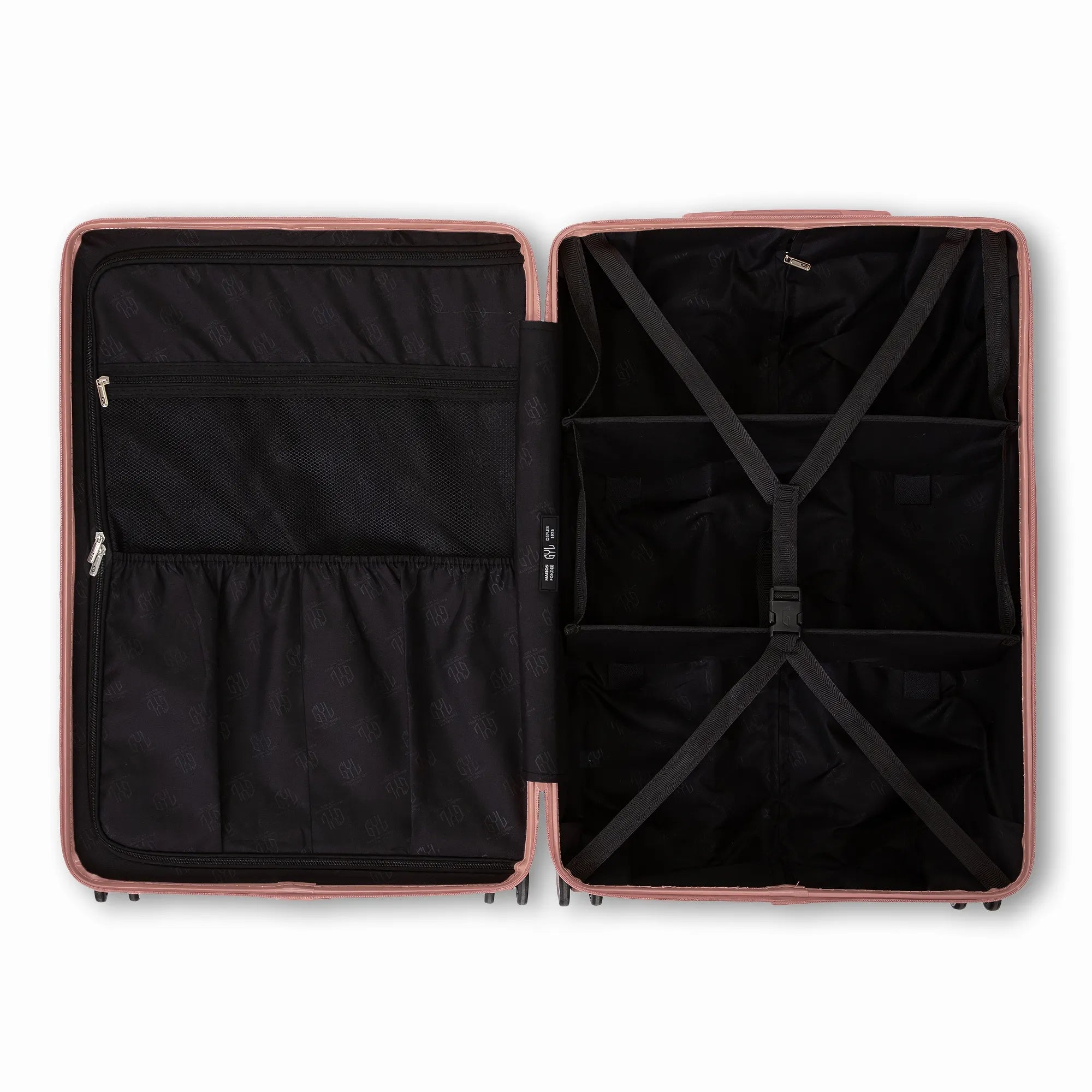 Intérieur compartimenté de la valise GYL Intemporelle rose gold avec sangles croisées et poches filet.