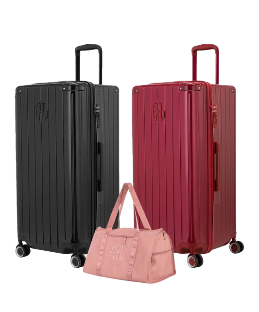 Pack 2 valises Trunk XL GYL coloris Noir et Rouge Foncé avec sac week-end pliant Or rose offert