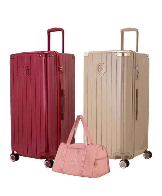 Pack 2 valises Trunk XL GYL coloris Rouge Foncé et Champagne avec sac week-end pliant Or rose offert