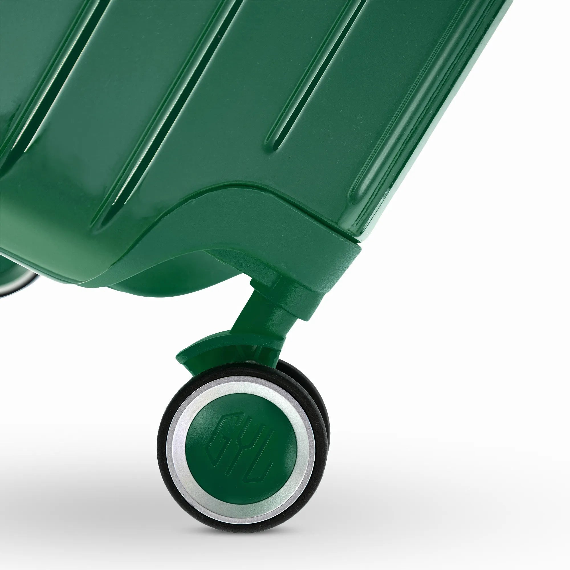 Roue double 360° de la valise GYL Intemporelle sapin avec gravure du logo GYL sur le moyeu.