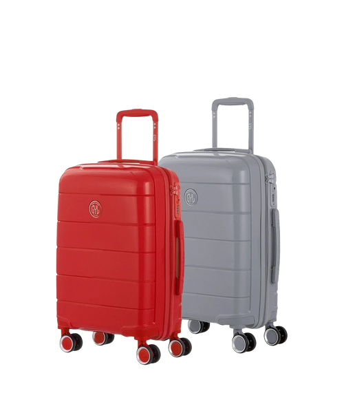 Set de 2 valises Citadine en polypropylène cabine 55 cm coloris rouge et argent vue trois quarts
