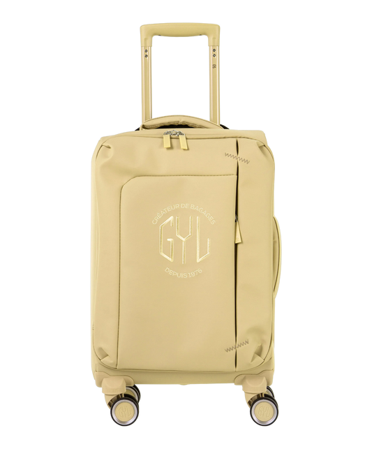 Valise Evasion GYL souple cabine 55 cm coloris champagne vue de face avec logo GYL