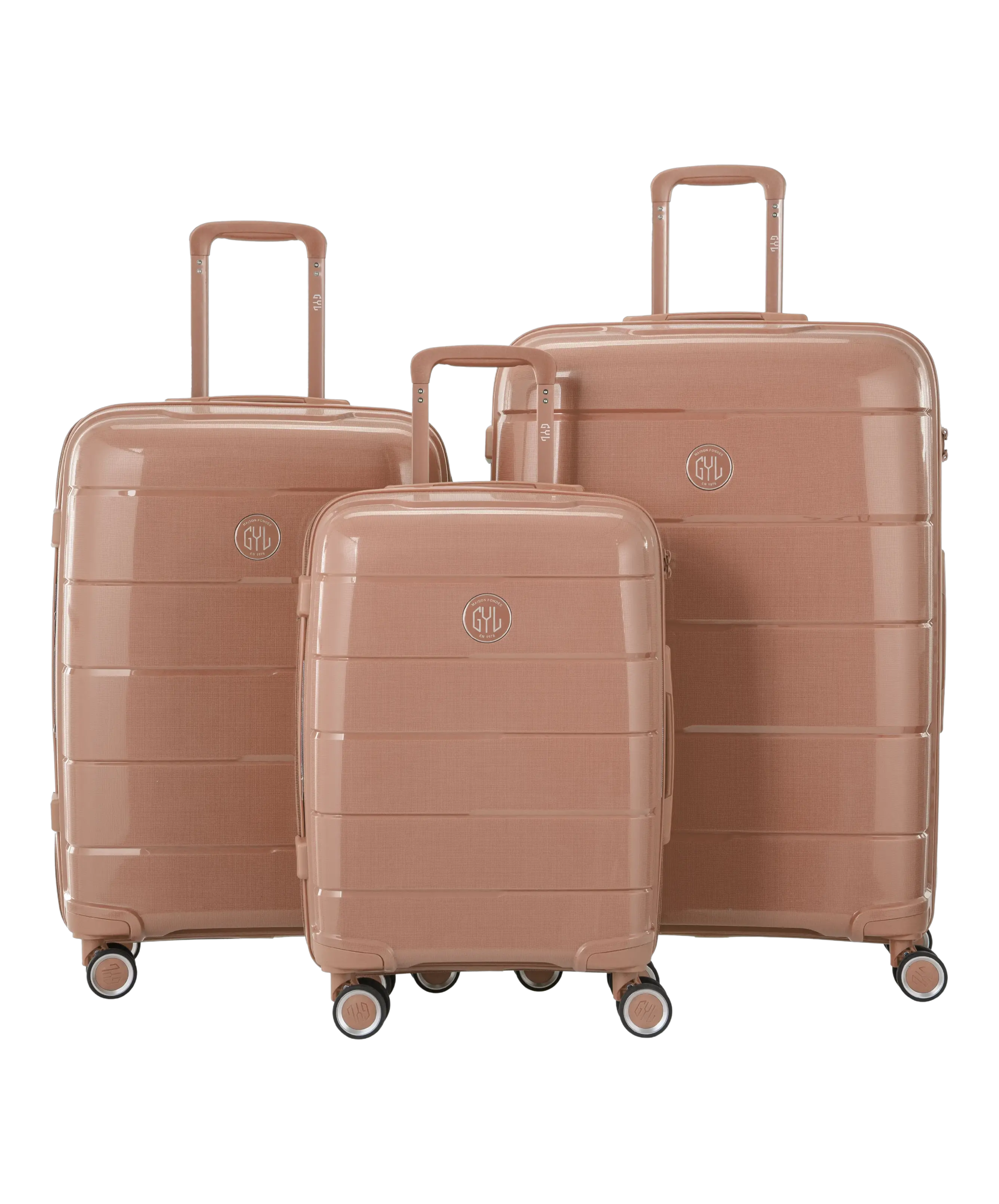 Valise Citadine en polypropylene set de 3 valises cabine semaine et soute coloris champagne vue de face du set complet