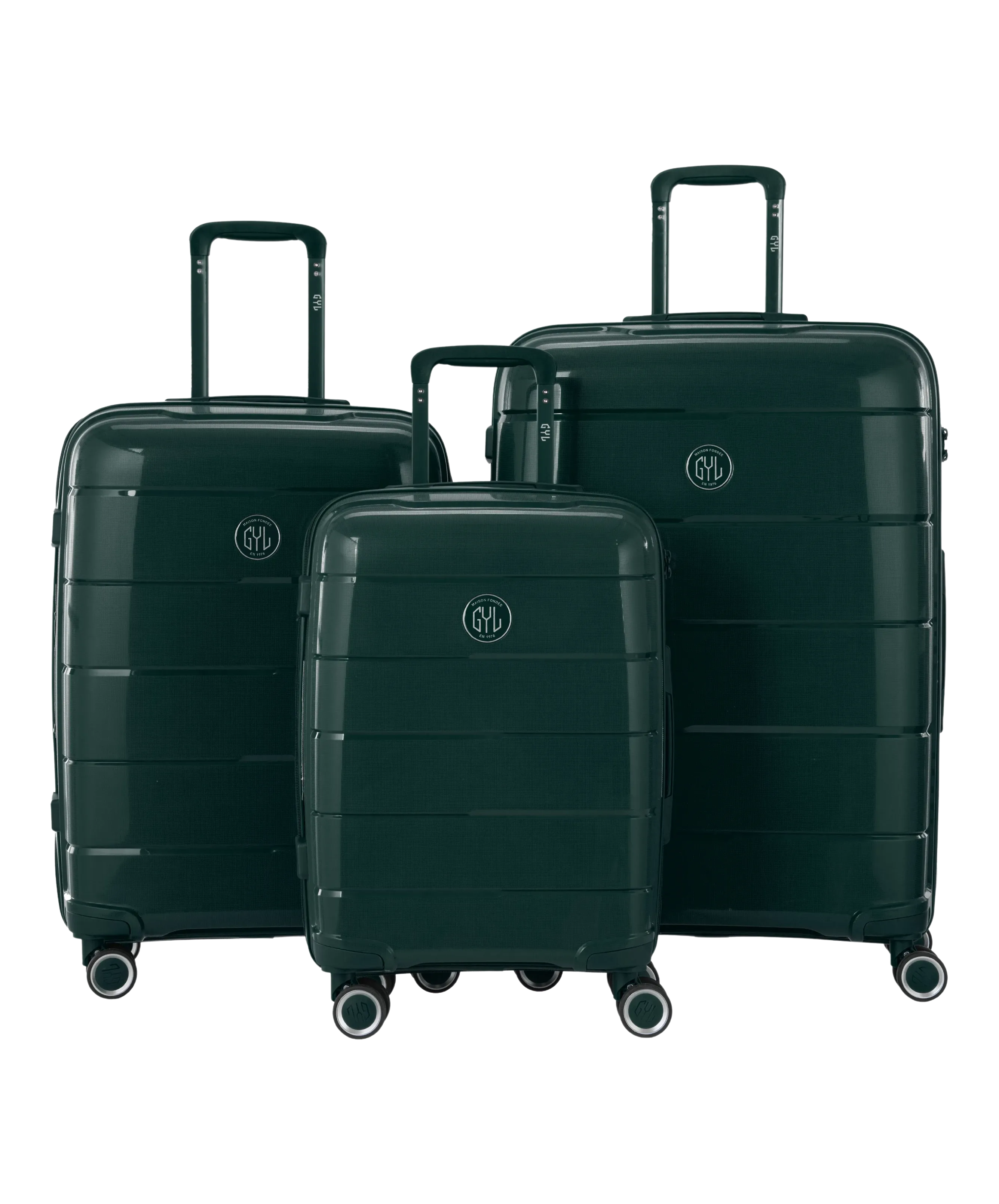 Valise Citadine en polypropylene set de 3 valises cabine semaine et soute coloris vert sapin vue de face du set complet