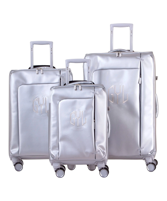 Valise Evasion GYL souple set de 3 valises cabine semaine et soute coloris argent vue de face du set complet