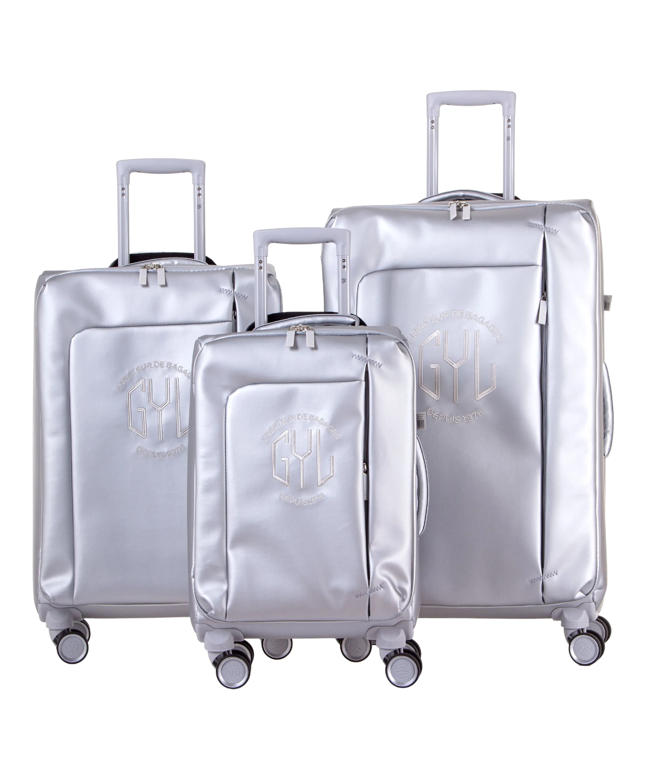 Valise Evasion GYL souple set de 3 valises cabine semaine et soute coloris argent vue de face du set complet