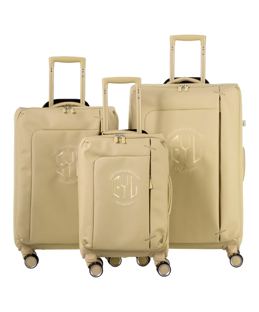 Valise Evasion GYL souple set de 3 valises cabine semaine et soute coloris champagne vue de face du set complet