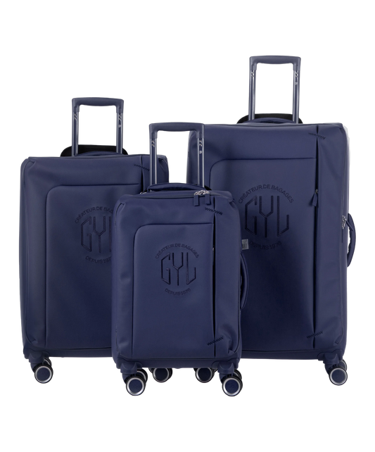 Valise Evasion GYL souple set de 3 valises cabine semaine et soute coloris marine vue de face du set complet