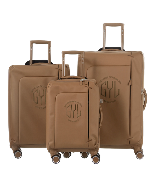 Valise Evasion GYL souple set de 3 valises cabine semaine et soute coloris moca vue de face du set complet