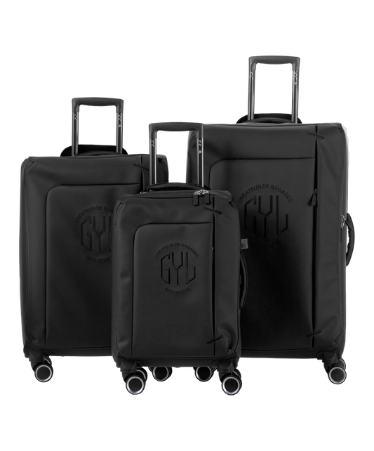 Valise Evasion GYL souple set de 3 valises cabine semaine et soute coloris noir vue de face du set complet