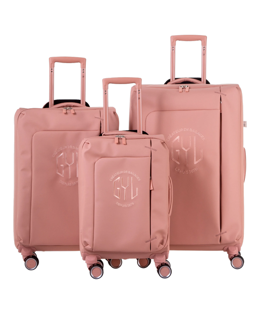 Valise Evasion GYL souple set de 3 valises cabine semaine et soute coloris rose-gold vue de face du set complet