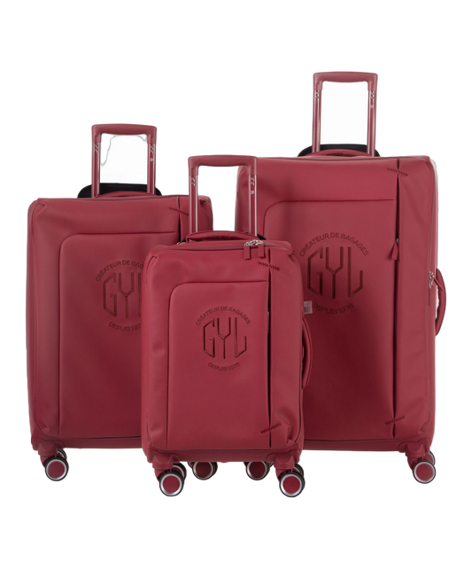 Valise Evasion GYL souple set de 3 valises cabine semaine et soute coloris rouge foncé vue de face du set complet