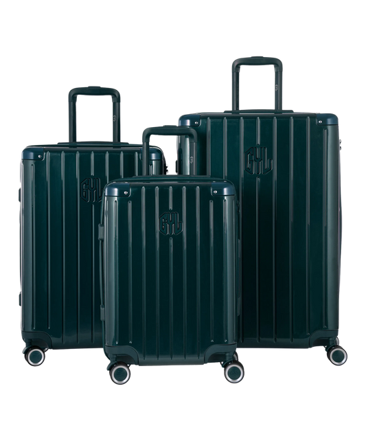 Valise Intemporelle en polycarbonate set de 3 valises cabine semaine et soute coloris vert sapin vue de face du set complet