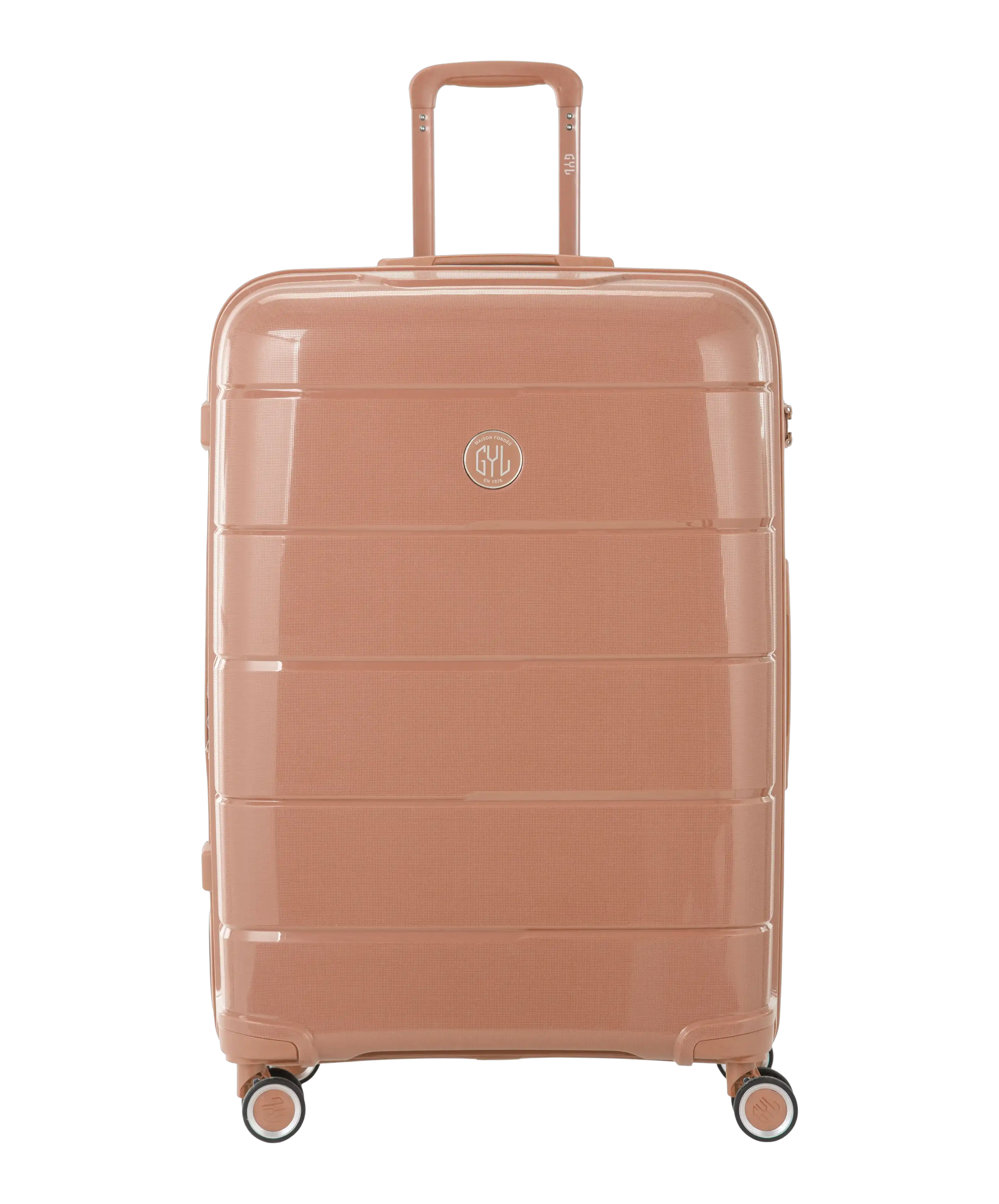 Valise Citadine en polypropylene soute 75 cm coloris champagne vue de face avec logo GYL