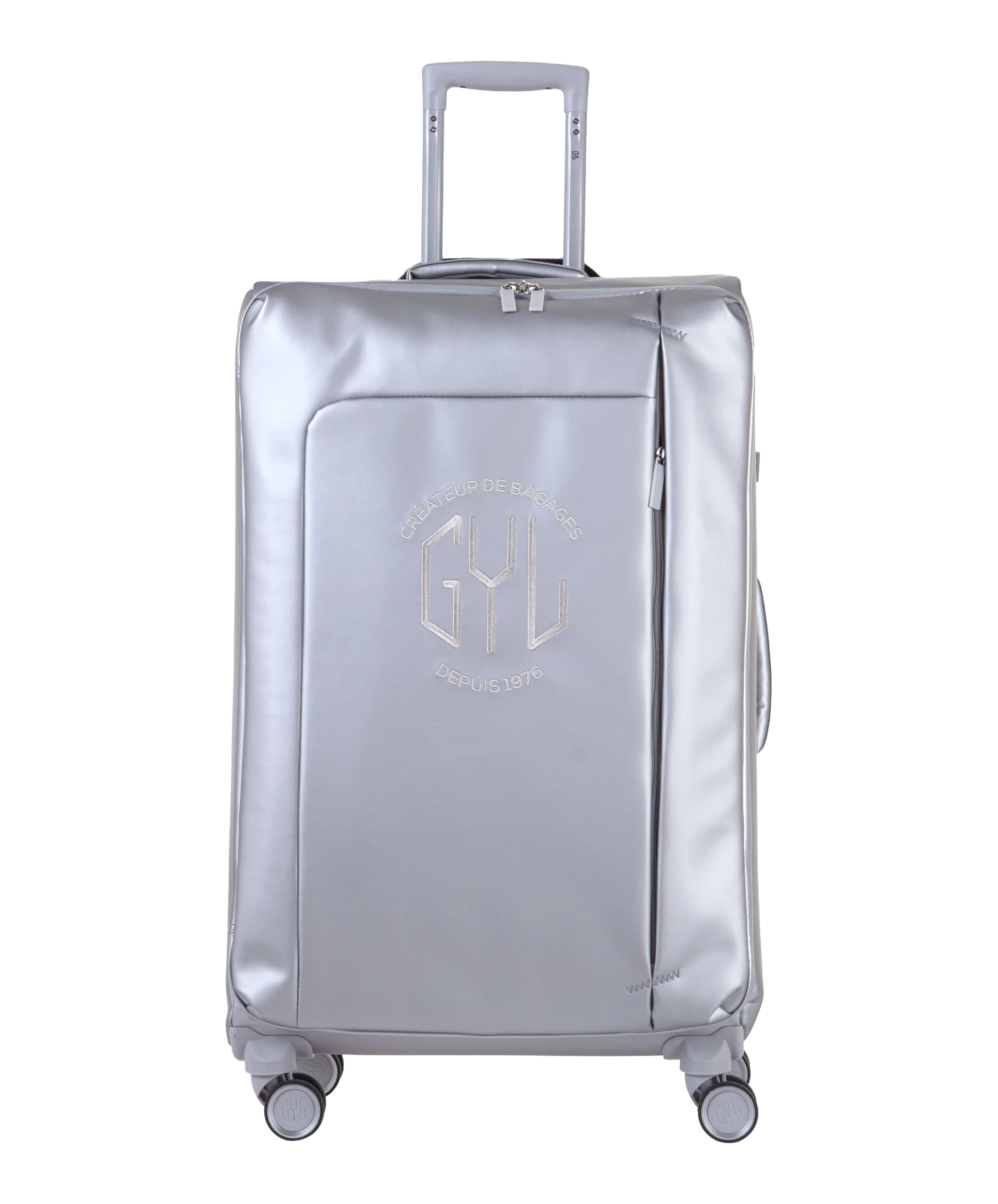 Valise Evasion GYL souple soute 75 cm coloris argent vue de face avec logo GYL