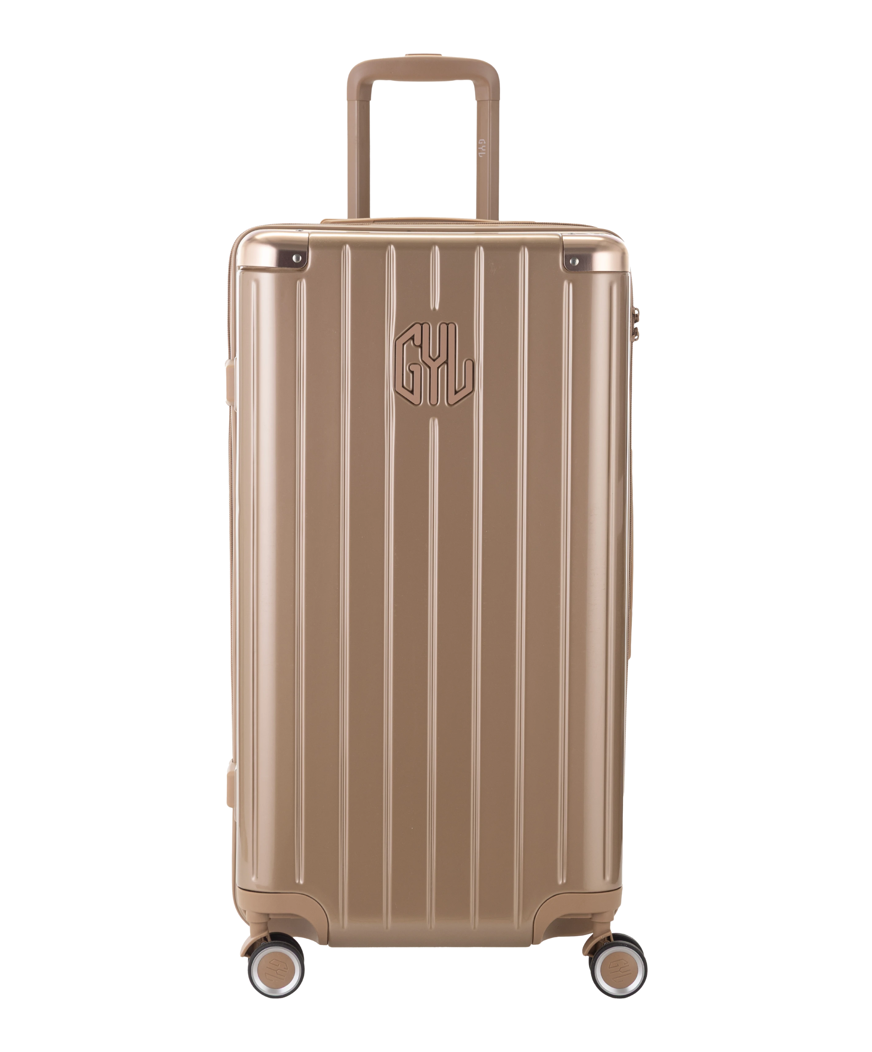 Valise Trunk GYL en polycarbonate Trunk L 75 cm coloris champagne vue de face avec logo GYL