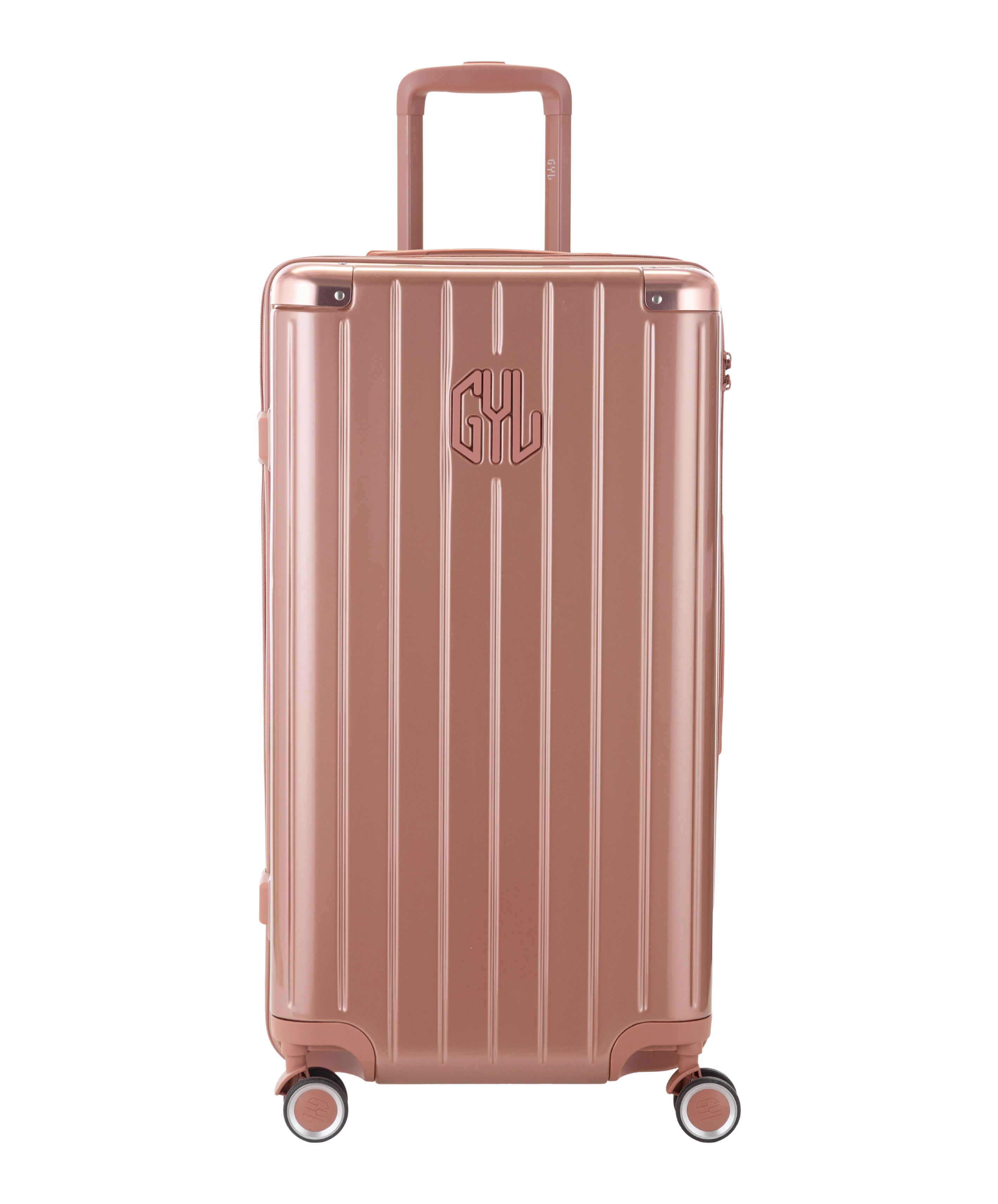 Valise Trunk GYL en polycarbonate Trunk L 75 cm coloris rose gold vue de face avec logo GYL