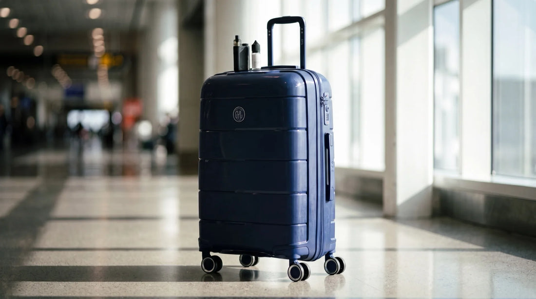 Valise cabine GYL marine avec une cigarette électronique posée dessus dans un terminal