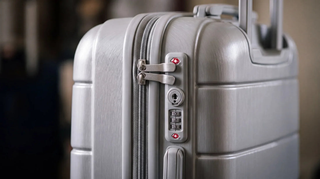 Gros plan sur le cadenas TSA à combinaison intégré d'une valise cabine GYL argent