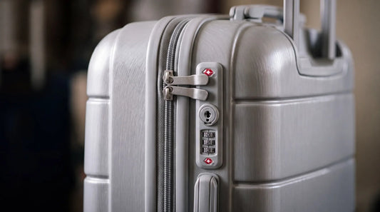 Gros plan sur le cadenas TSA à combinaison intégré d'une valise cabine GYL argent