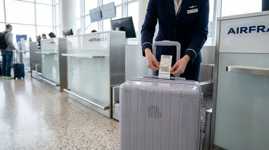 Valise cabine GYL de 55 cm en train d’être pesée au comptoir Air France, avec une agente apposant une étiquette pour l’enregistrement en soute.