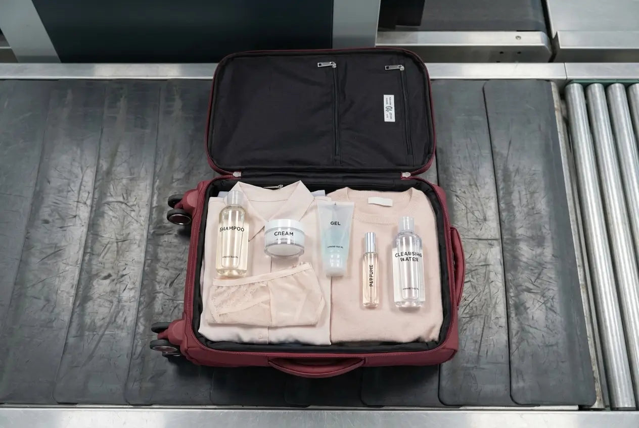 Valise cabine GYL ouverte sur un tapis de contrôle à l’aéroport, contenant des vêtements et plusieurs flacons de liquides de 100 ml conformes aux règles bagage cabine.