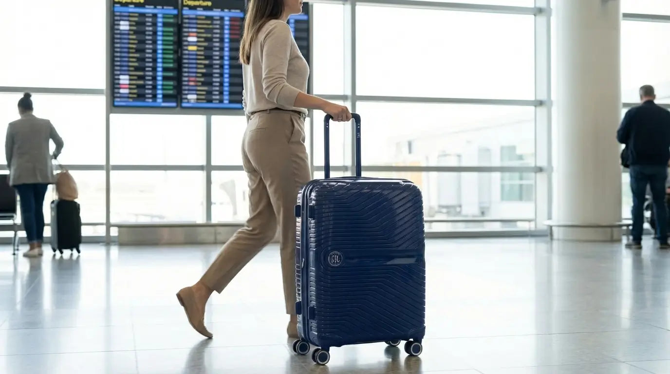 Voyageuse marchant dans un aéroport avec une valise cabine GYL bleu marine, devant les écrans des départs.