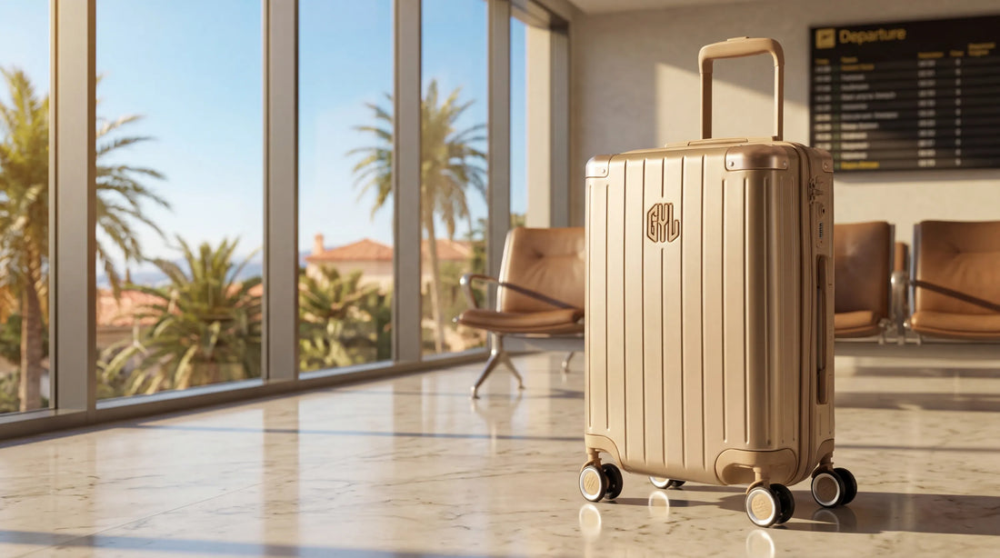 Bagage cabine Air Algerie : valise cabine GYL champagne dans un salon d aeroport mediterraneen