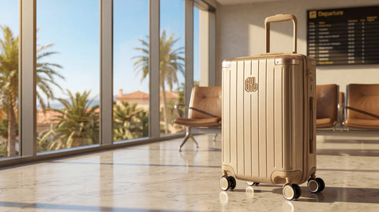 Bagage cabine Air Algerie : valise cabine GYL champagne dans un salon d aeroport mediterraneen