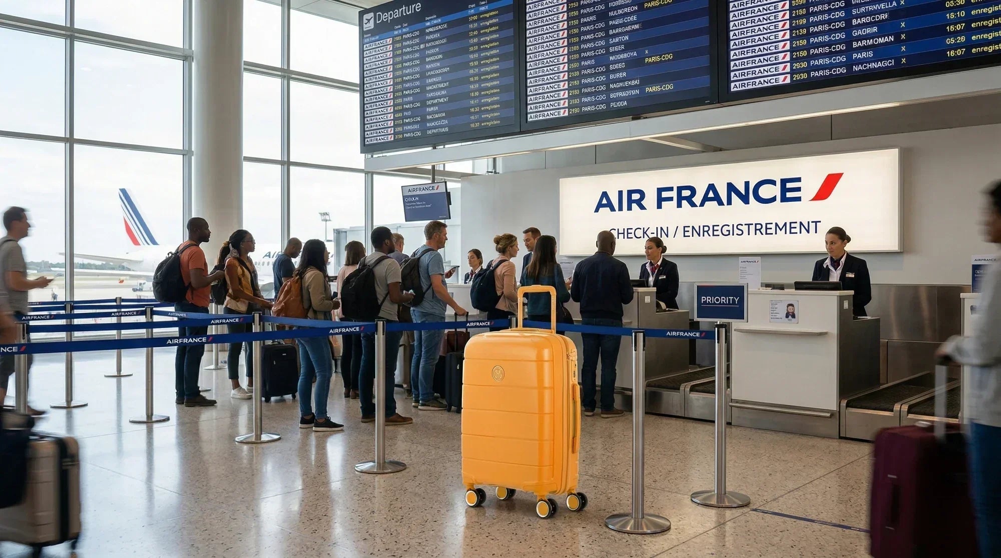 valise cabine rigide dans un aéroport au comptoir d'enregistrement Air France