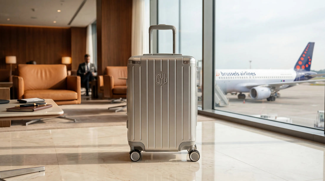 Bagage cabine Brussels Airlines : valise cabine GYL silver dans un salon business avec avion Brussels Airlines