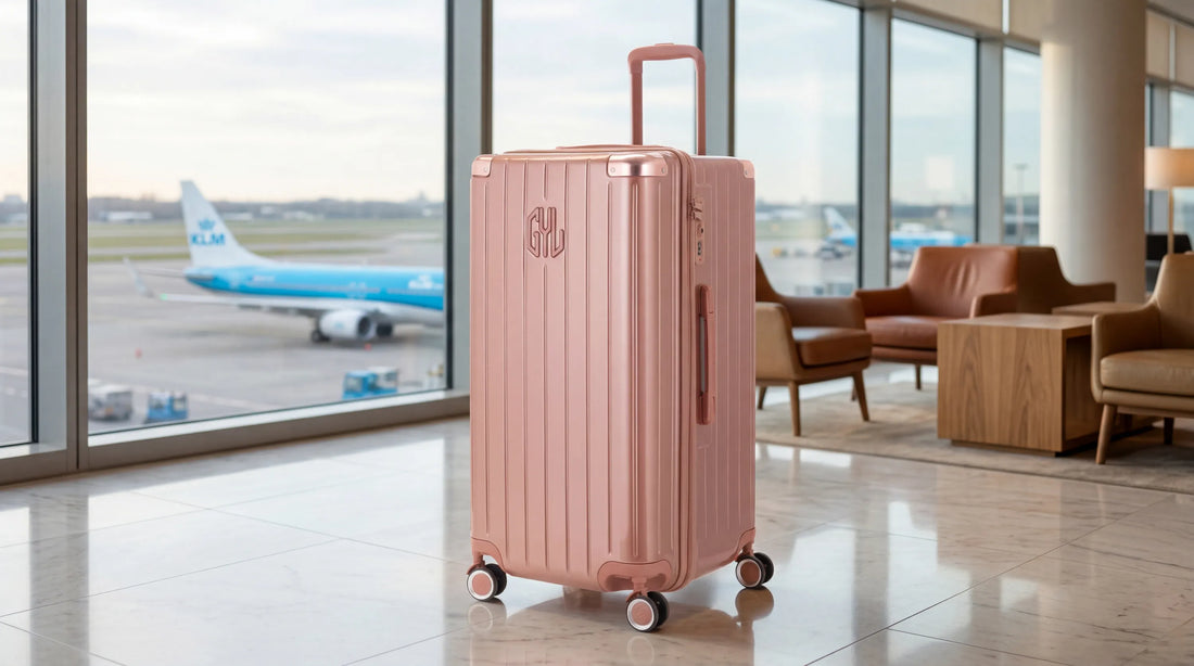 Bagage cabine KLM : valise GYL Trunk rose gold dans un salon premium avec avion KLM en arrière-plan