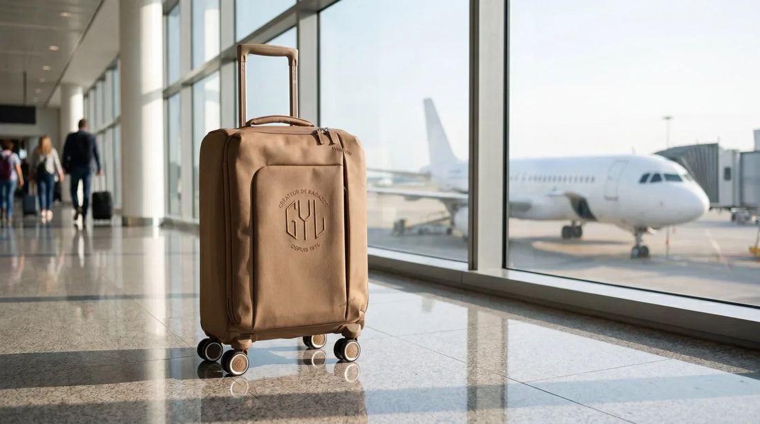 Valise cabine GYL Evasion moca dans un hall d'embarquement d'aéroport