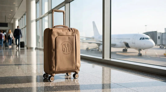 Valise cabine GYL Evasion moca dans un hall d'embarquement d'aéroport