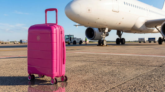 Bagage cabine Royal Air Maroc : valise cabine GYL fuchsia sur le tarmac d un aeroport