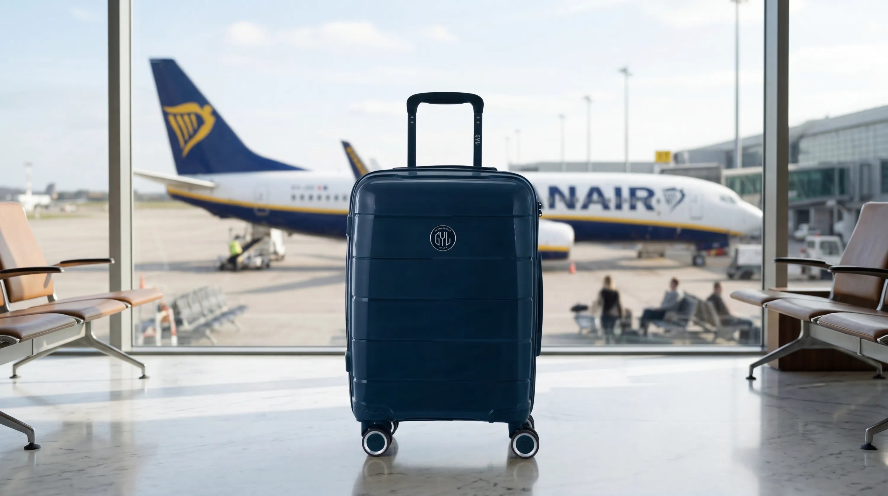 Bagage cabine Ryanair : valise cabine GYL saphir dans un terminal avec avion Ryanair en arrière-plan