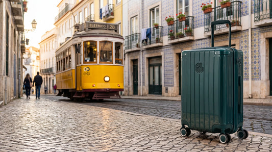 Bagage cabine intemporelle TAP Portugal : valise cabine GYL verte dans une rue de Lisbonne avec tram 28