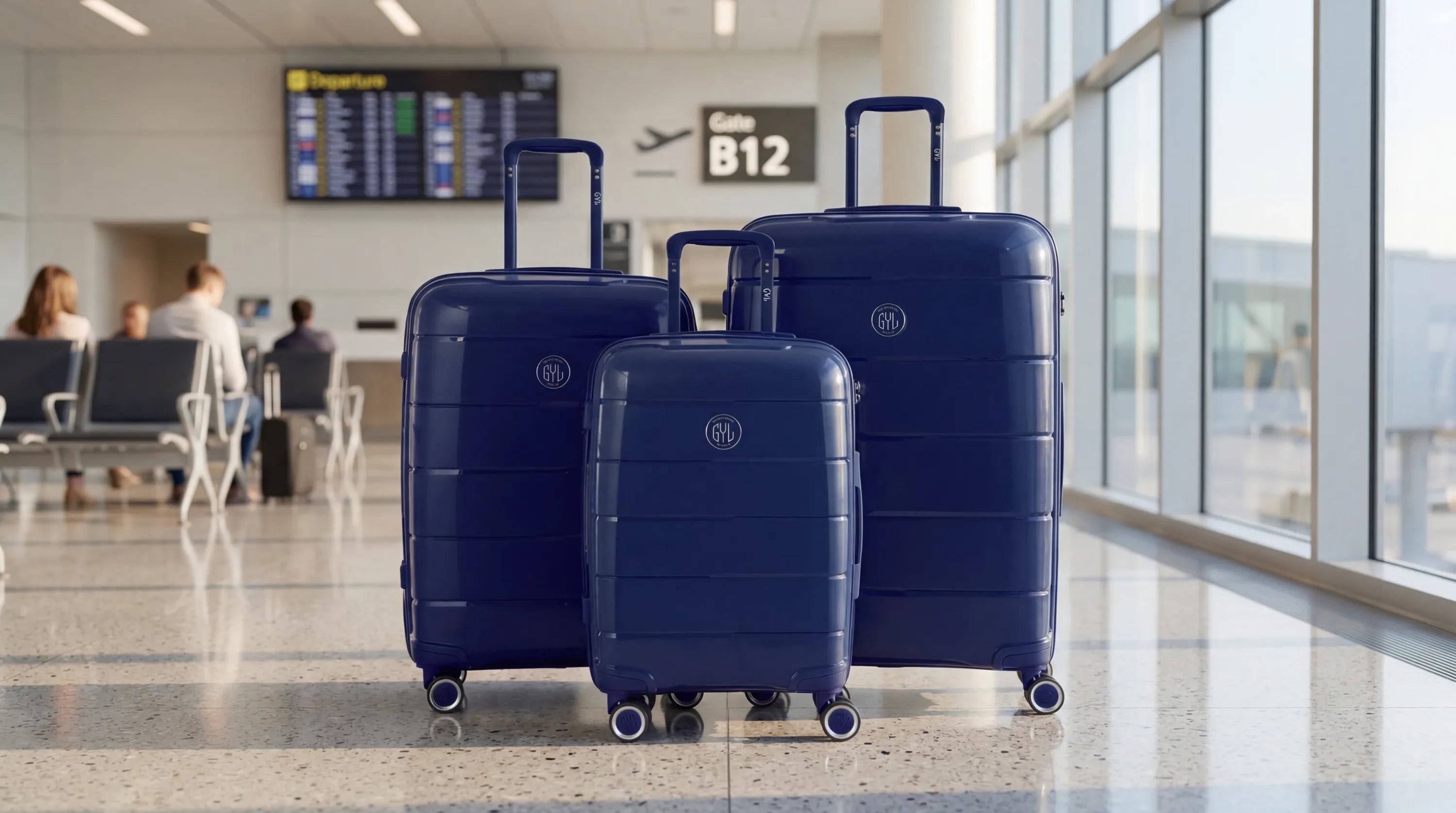Set de 3 bagages GYL : valises Tunisair bleu marine dans un terminal d aéroport moderne